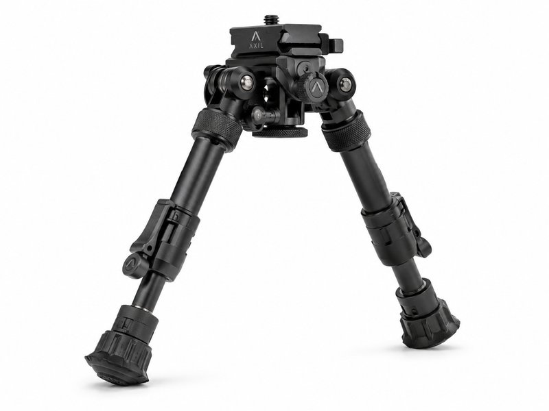 Precision adjustable rifle bipod showing leg-lock levers and swivel mount
