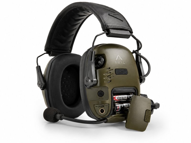 Electronic hearing protection ear muffs showing AUX input, microphone, and battery compartment